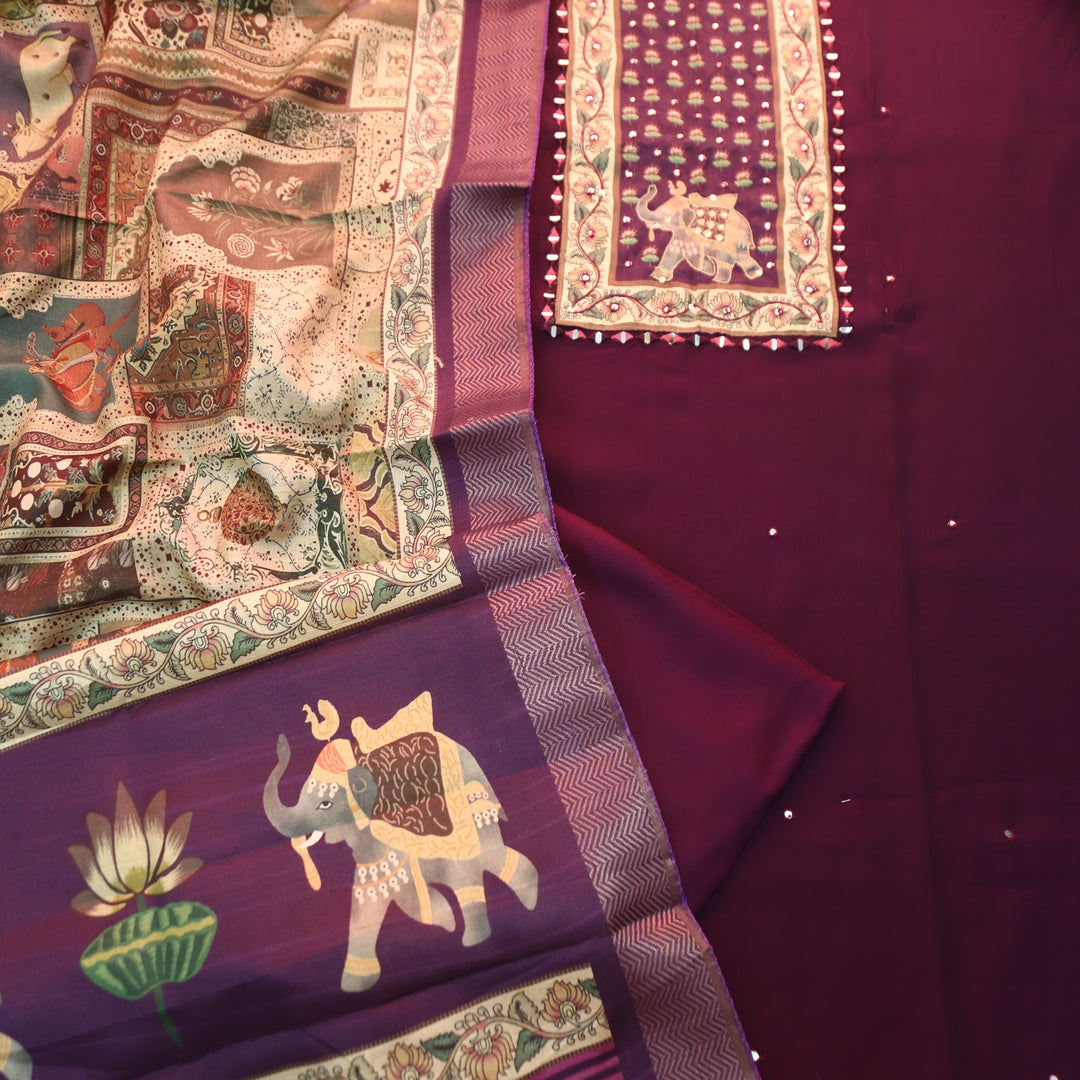 Khawabi Burgundy Wine Lotus and Gajj Printed Yoke with Mirror Work Muslin Set