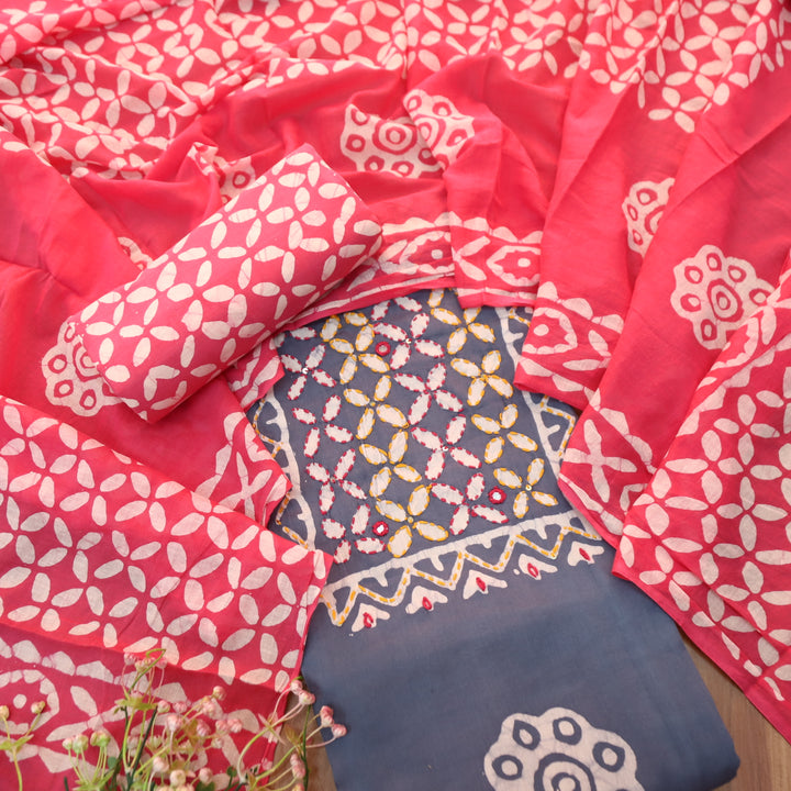Aawara Fossil Grey Kantha and Mirror Work in Batik Printed Cotton Suit Set