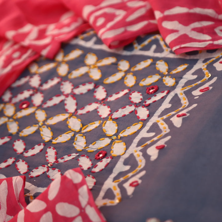 Aawara Fossil Grey Kantha and Mirror Work in Batik Printed Cotton Suit Set