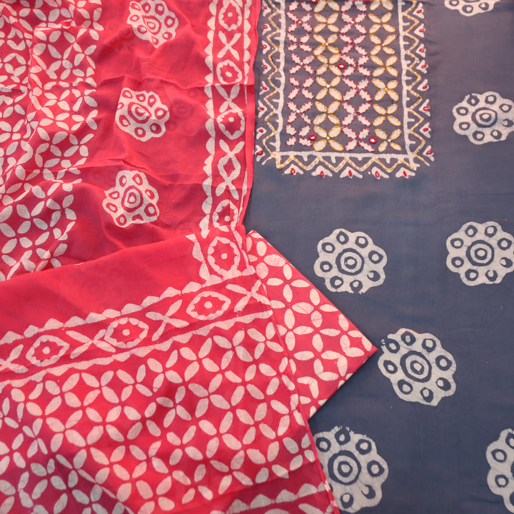 Aawara Fossil Grey Kantha and Mirror Work in Batik Printed Cotton Suit Set