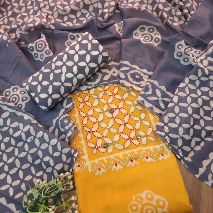 Aawara Dijon Yellow Kantha and Mirror Work in Batik Printed Cotton Suit Set