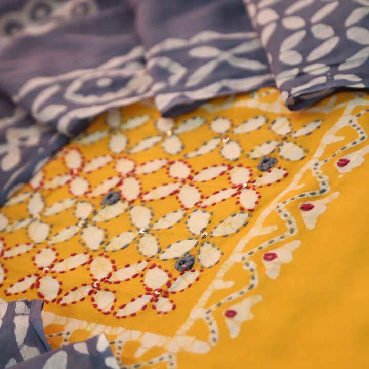 Aawara Dijon Yellow Kantha and Mirror Work in Batik Printed Cotton Suit Set