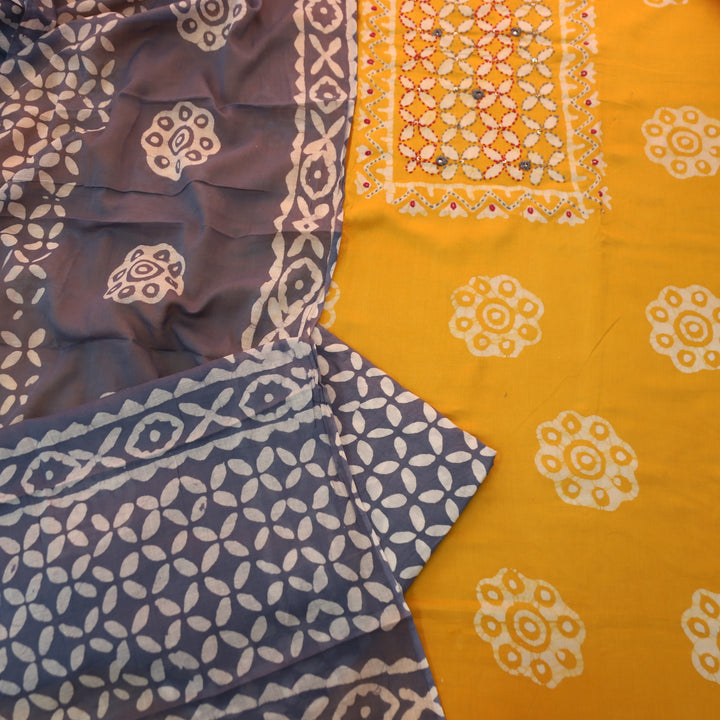 Aawara Dijon Yellow Kantha and Mirror Work in Batik Printed Cotton Suit Set
