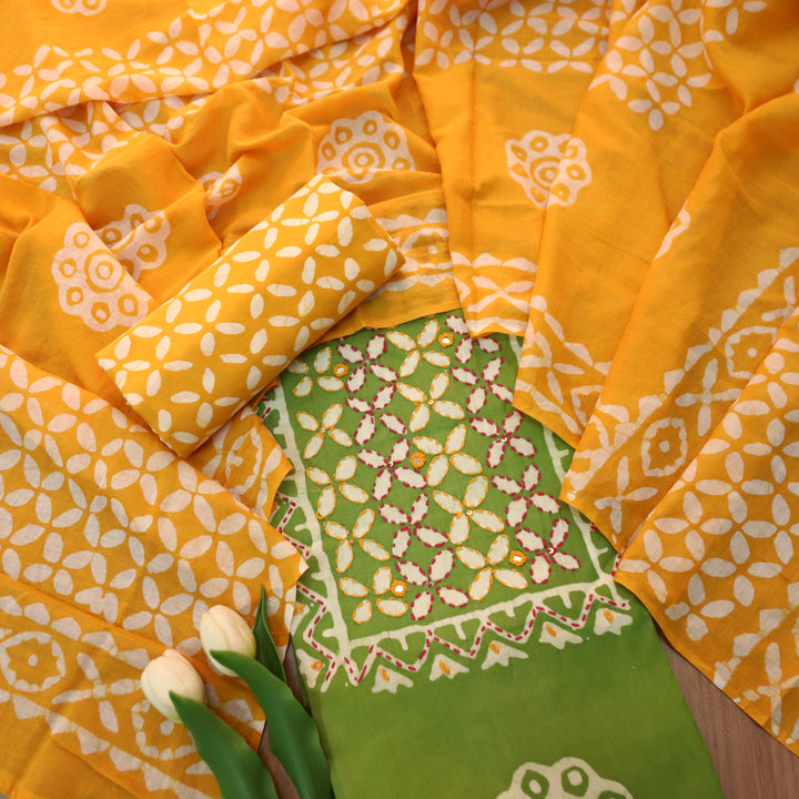 Aawara Parrot Green Kantha and Mirror Work in Batik Printed Cotton Suit Set