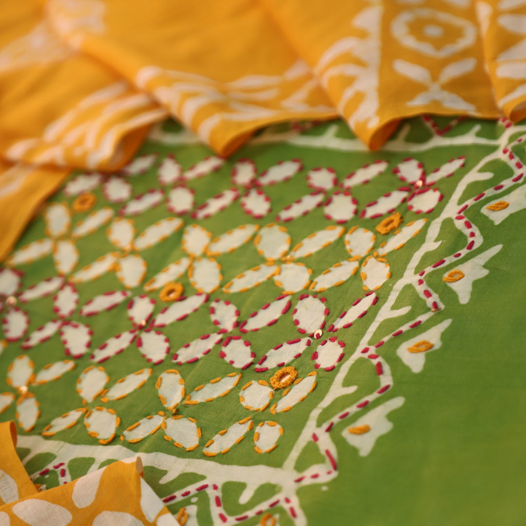 Aawara Parrot Green Kantha and Mirror Work in Batik Printed Cotton Suit Set