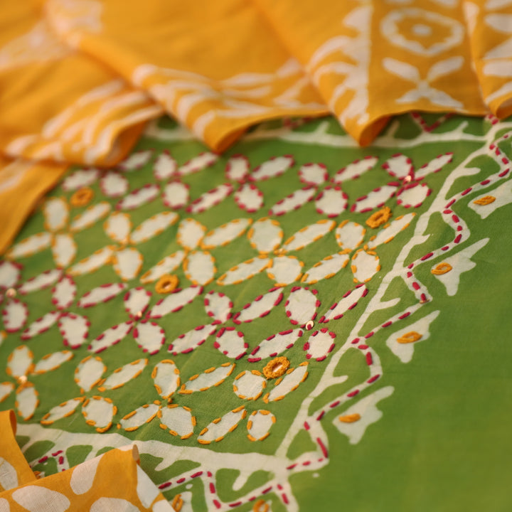 Aawara Parrot Green Kantha and Mirror Work in Batik Printed Cotton Suit Set