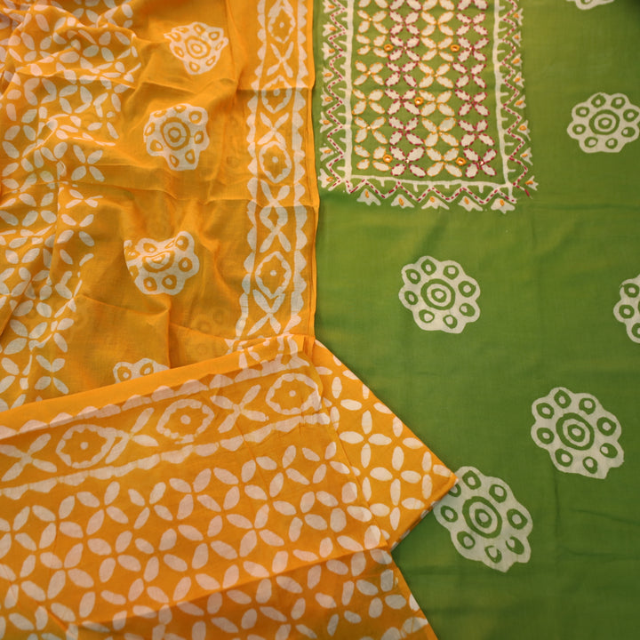 Aawara Parrot Green Kantha and Mirror Work in Batik Printed Cotton Suit Set