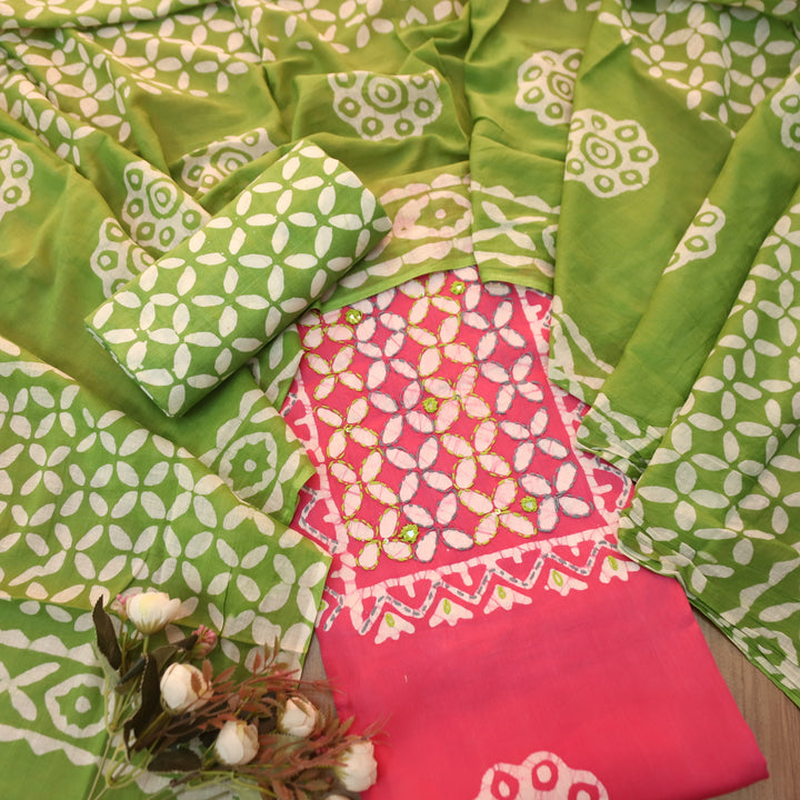 Aawara Barbie Kantha and Mirror Work in Batik Printed Cotton Suit Set