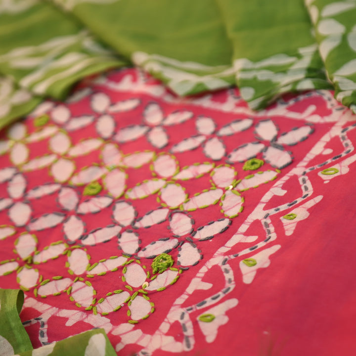 Aawara Barbie Kantha and Mirror Work in Batik Printed Cotton Suit Set