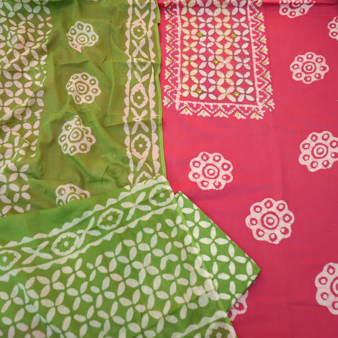 Aawara Barbie Kantha and Mirror Work in Batik Printed Cotton Suit Set