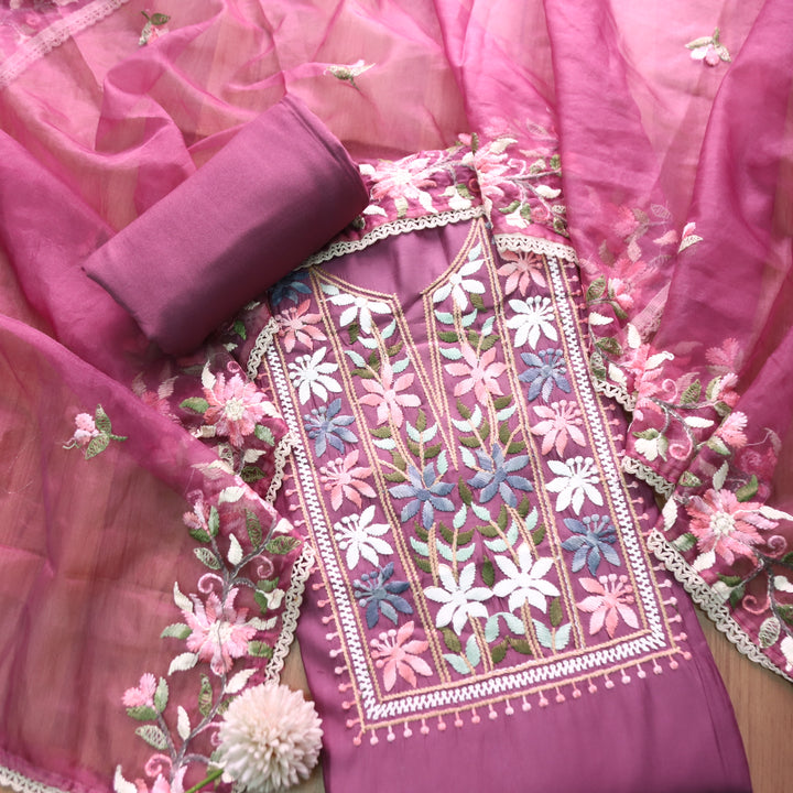 Hoor Blueberry Purple Thread Embroidered Neck Work Modal Suit Set