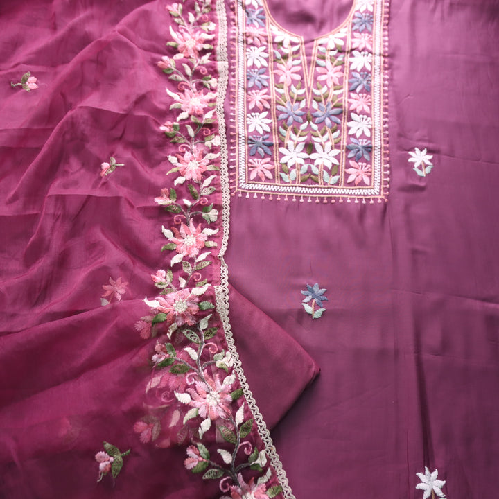 Hoor Blueberry Purple Thread Embroidered Neck Work Modal Suit Set