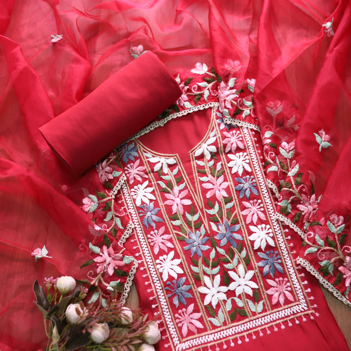 Hoor Pomegranate Red Thread Embroidered Neck Work Modal Suit Set