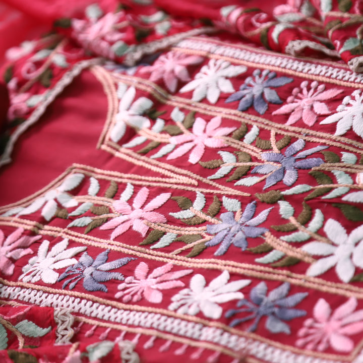 Hoor Pomegranate Red Thread Embroidered Neck Work Modal Suit Set
