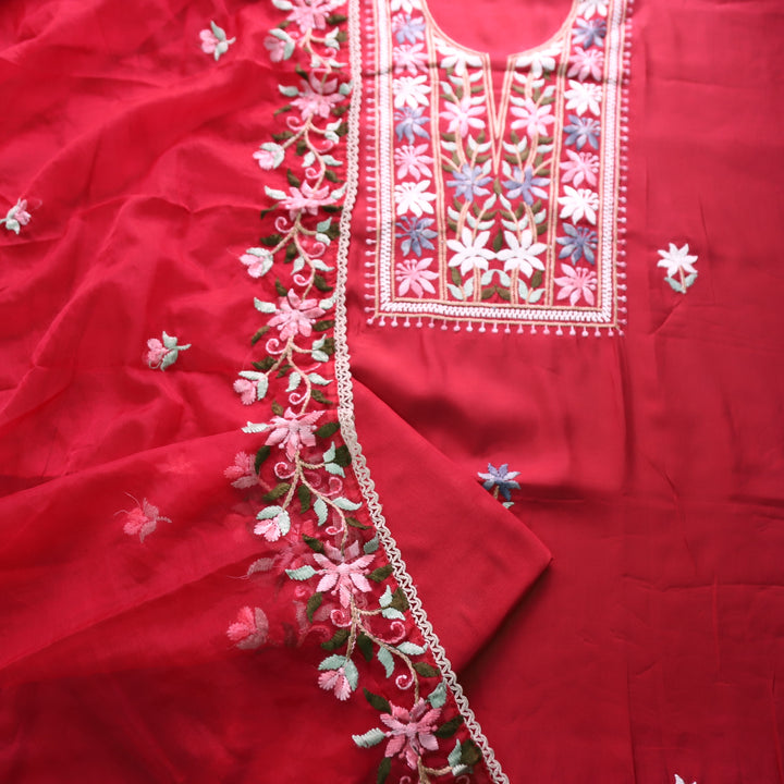 Hoor Pomegranate Red Thread Embroidered Neck Work Modal Suit Set