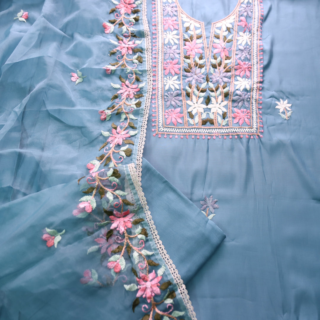 Hoor Powder Blue Thread Embroidered Neck Work Modal Suit Set