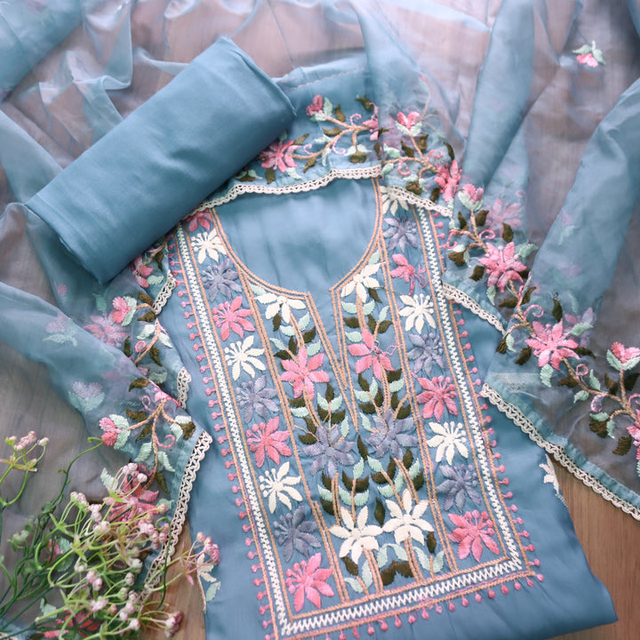 Hoor Powder Blue Thread Embroidered Neck Work Modal Suit Set