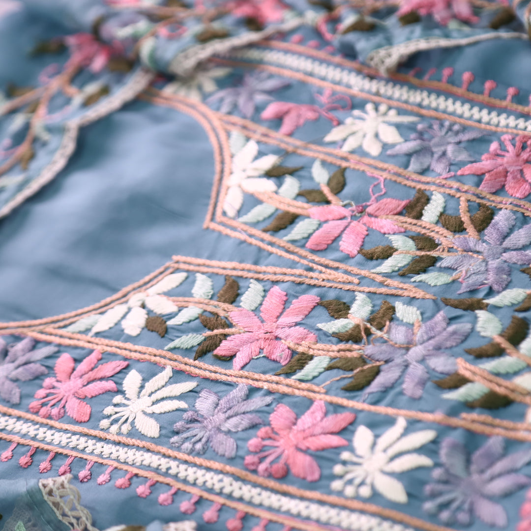 Hoor Powder Blue Thread Embroidered Neck Work Modal Suit Set