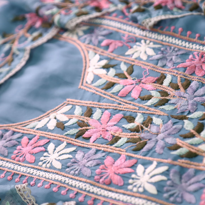 Hoor Powder Blue Thread Embroidered Neck Work Modal Suit Set