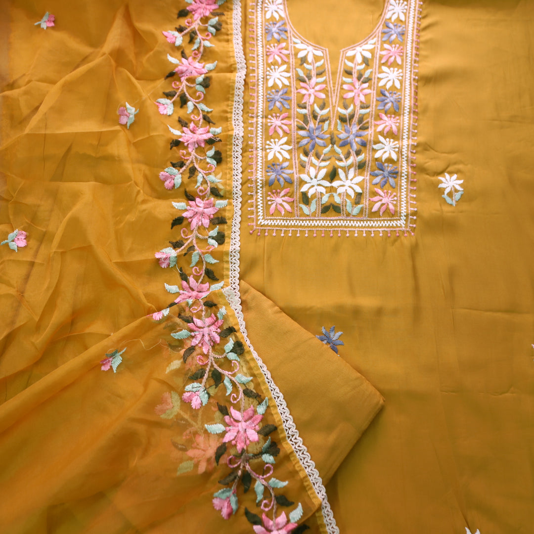 Hoor Dandelion Yellow Thread Embroidered Neck Work Modal Suit Set