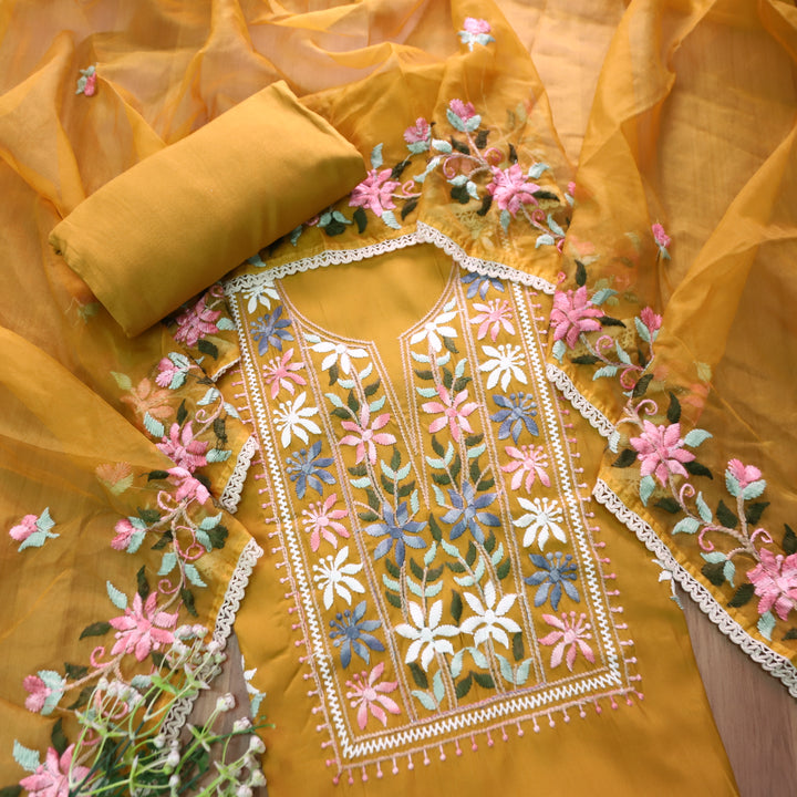 Hoor Dandelion Yellow Thread Embroidered Neck Work Modal Suit Set