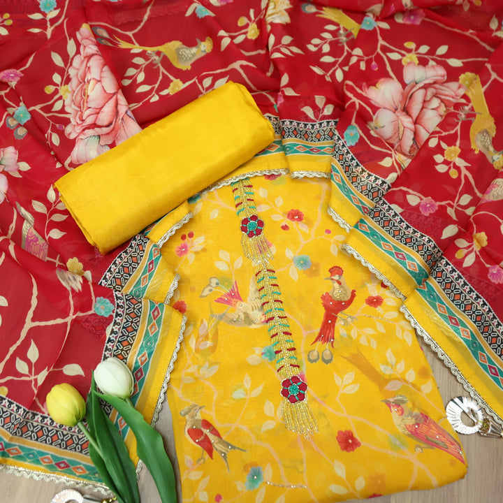 Sakhi Sunflower Yellow All Over Floral Printed with Kardana Work Organza Suit Set