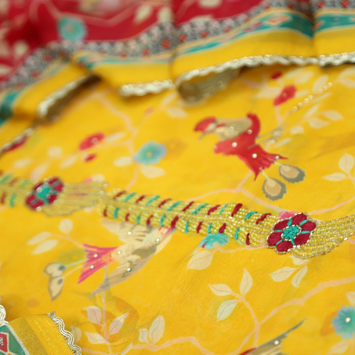 Sakhi Sunflower Yellow All Over Floral Printed with Kardana Work Organza Suit Set