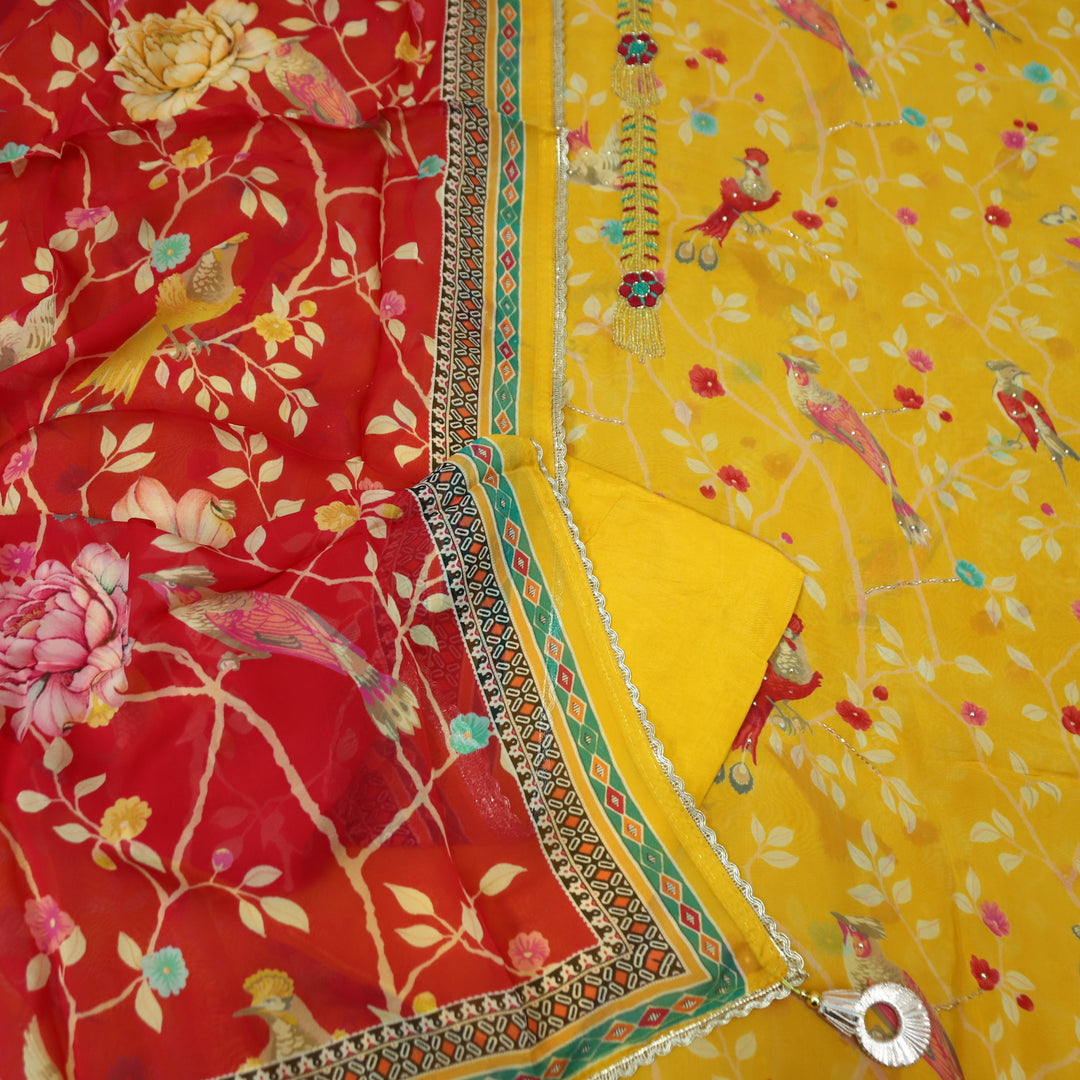 Sakhi Sunflower Yellow All Over Floral Printed with Kardana Work Organza Suit Set