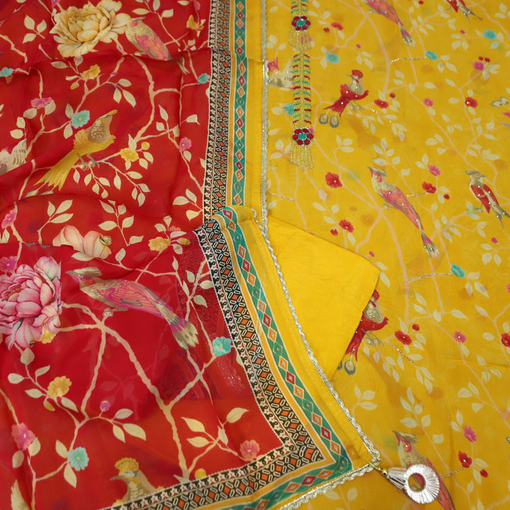Sakhi Sunflower Yellow All Over Floral Printed with Kardana Work Organza Suit Set