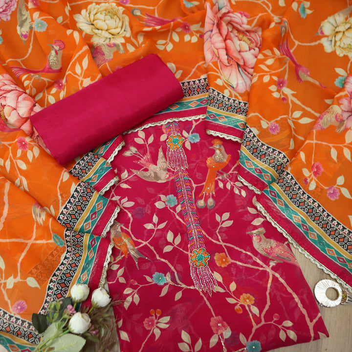 Sakhi Pomengrante Pink All Over Floral Printed with Kardana Work Organza Suit Set
