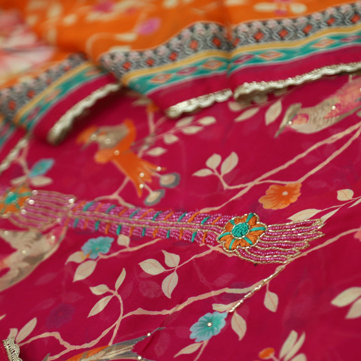 Sakhi Pomengrante Pink All Over Floral Printed with Kardana Work Organza Suit Set