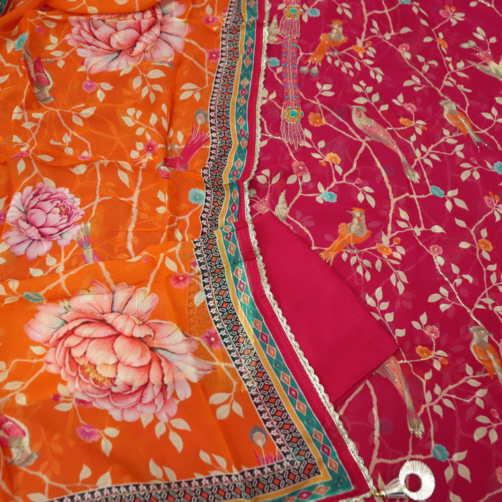 Sakhi Pomengrante Pink All Over Floral Printed with Kardana Work Organza Suit Set