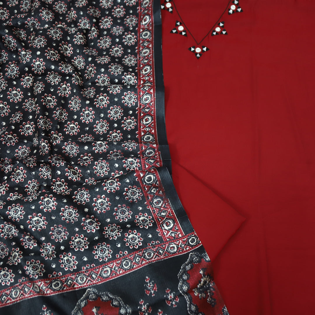 Saheli Maroon Red V Neck Mirror Work Detailing Neck Roman Silk Set with Black Dupatta