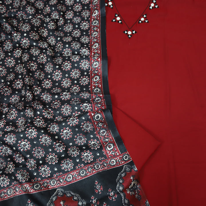 Saheli Maroon Red V Neck Mirror Work Detailing Neck Roman Silk Set with Black Dupatta