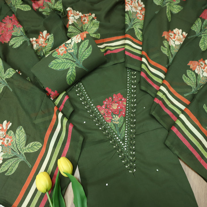 Yashvi Forest Green V Embellish Neckline Work with Floral Printed Cotton Suit Set