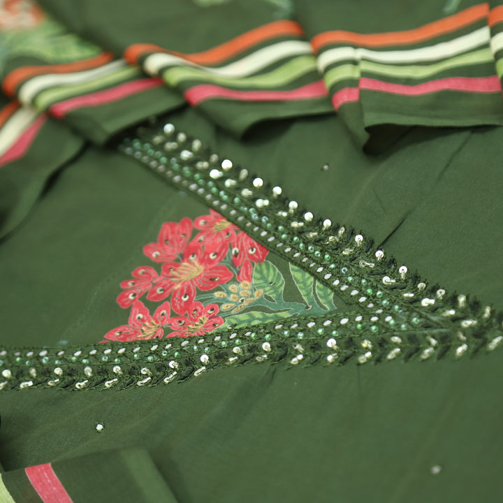 Yashvi Forest Green V Embellish Neckline Work with Floral Printed Cotton Suit Set