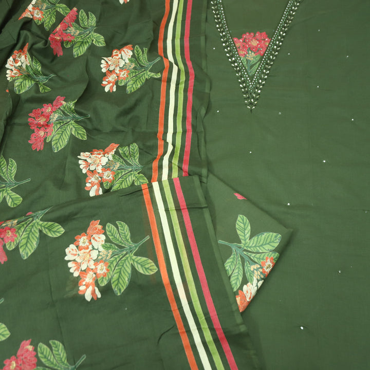 Yashvi Forest Green V Embellish Neckline Work with Floral Printed Cotton Suit Set