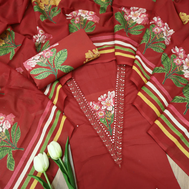 Yashvi Cardinal Red V Embellish Neckline Work with Floral Printed Cotton Suit Set