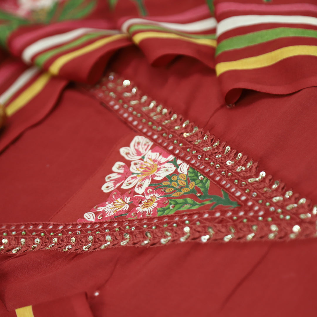 Yashvi Cardinal Red V Embellish Neckline Work with Floral Printed Cotton Suit Set