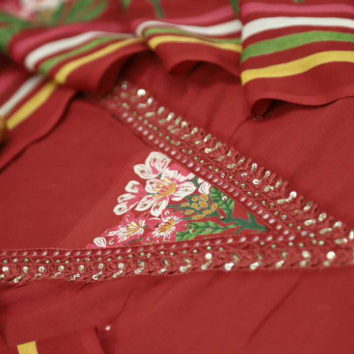 Yashvi Cardinal Red V Embellish Neckline Work with Floral Printed Cotton Suit Set