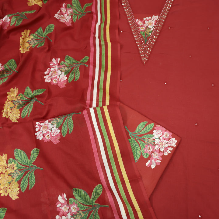 Yashvi Cardinal Red V Embellish Neckline Work with Floral Printed Cotton Suit Set