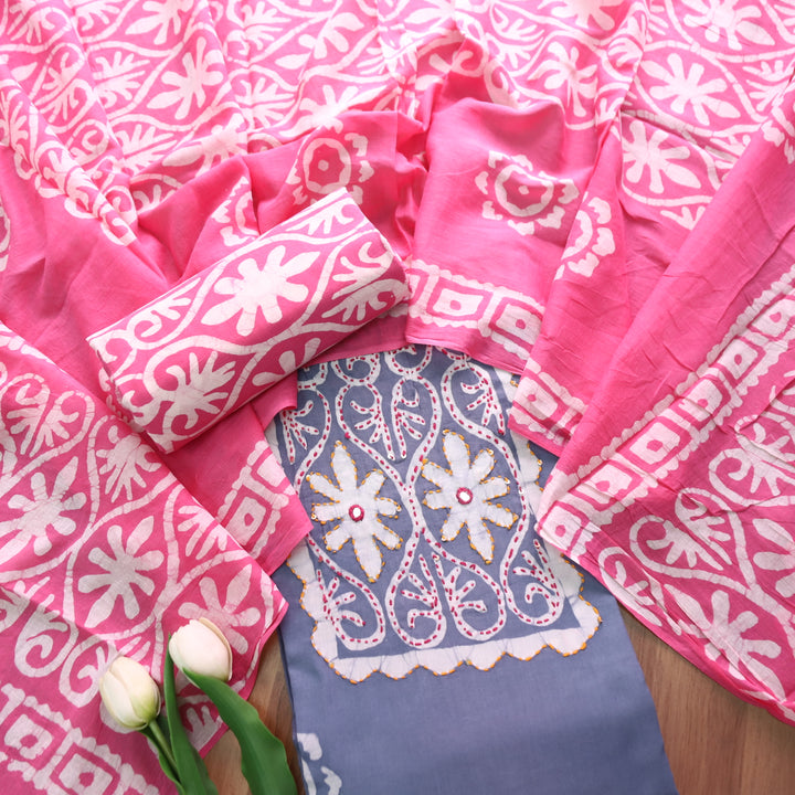Zeenat Fossil Grey Kantha and Mirror Work in Batik Printed Cotton Suit Set