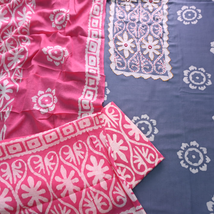 Zeenat Fossil Grey Kantha and Mirror Work in Batik Printed Cotton Suit Set