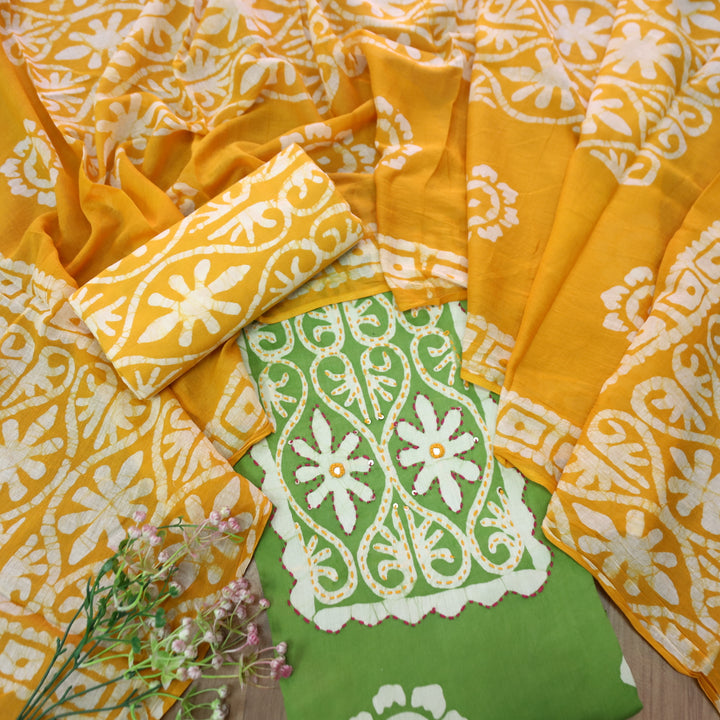Zeenat Parrot Green Kantha and Mirror Work in Batik Printed Cotton Suit Set