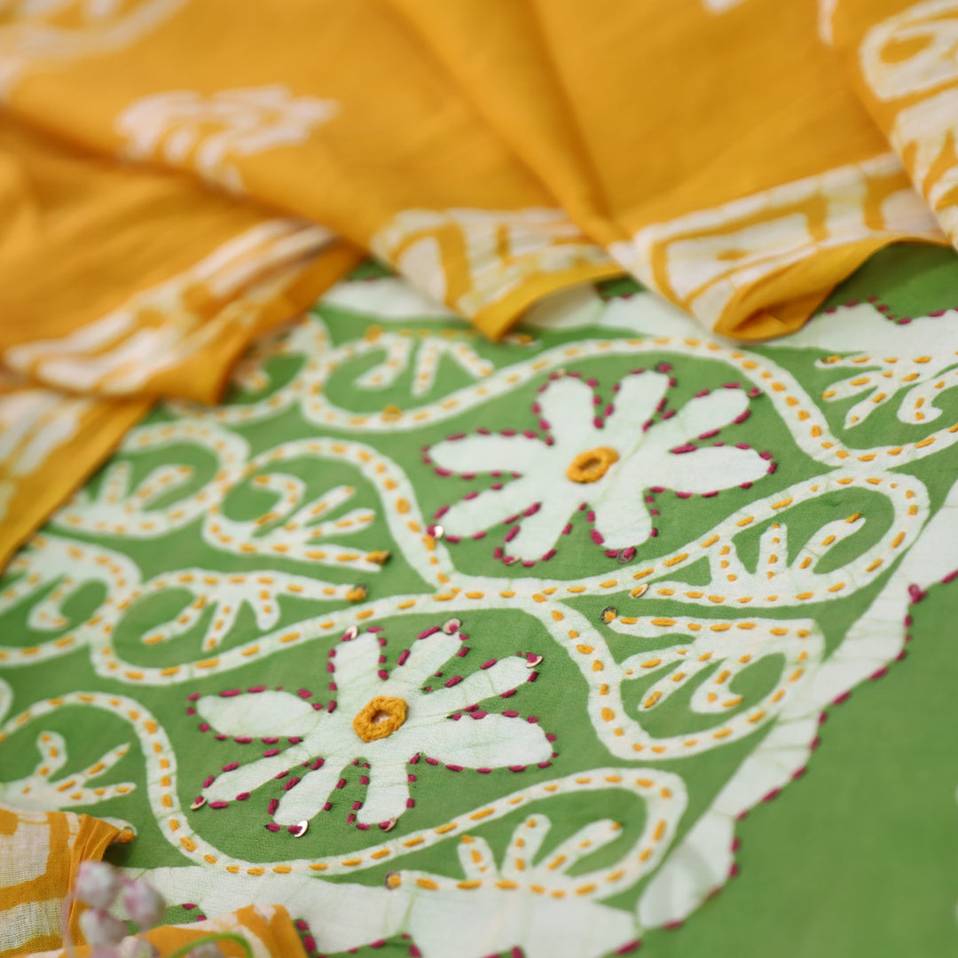 Zeenat Parrot Green Kantha and Mirror Work in Batik Printed Cotton Suit Set