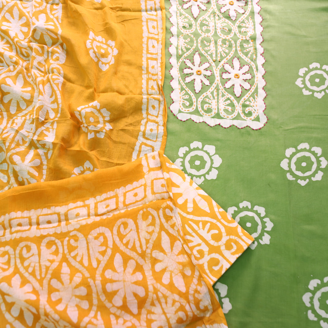 Zeenat Parrot Green Kantha and Mirror Work in Batik Printed Cotton Suit Set