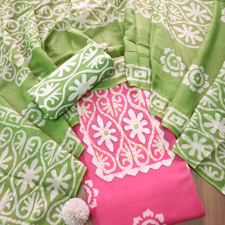 Zeenat Candy Pink Kantha and Mirror Work in Batik Printed Cotton Suit Set