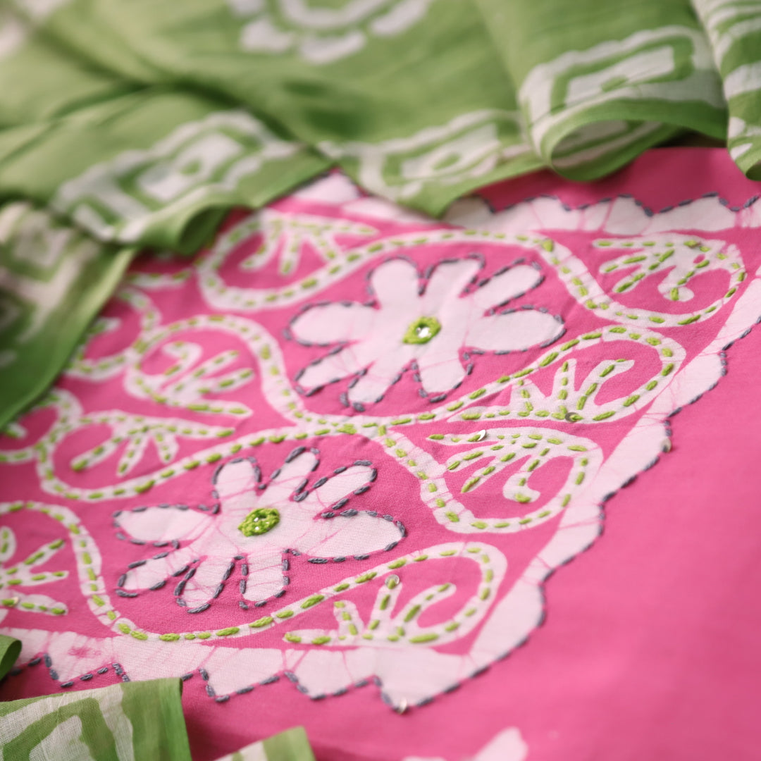 Zeenat Candy Pink Kantha and Mirror Work in Batik Printed Cotton Suit Set