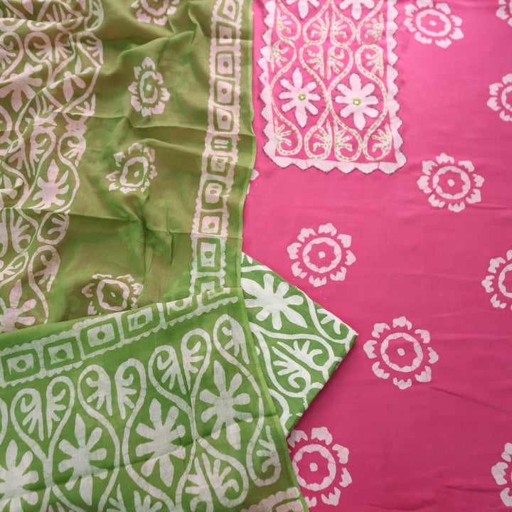 Zeenat Candy Pink Kantha and Mirror Work in Batik Printed Cotton Suit Set