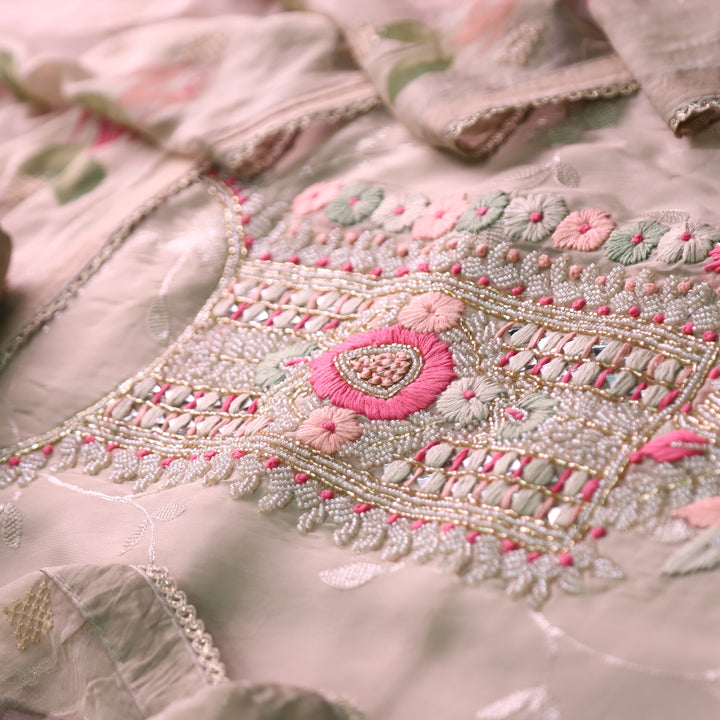 Sakhi Hazel Frappe with Kardana Embellish Neck in All Over Thread Work Organza Set